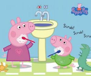 Puzle Peppa Pig a George Pig mytí zubů