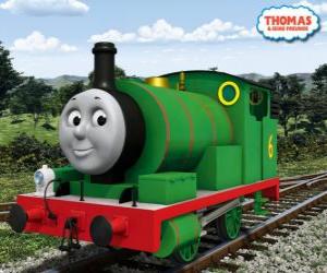 Puzle Percy, nejmladší lokomotiva, zelené barvy a číslo 6. Percy je nejlepší přítel Thomas
