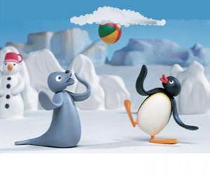 Puzle Pingu a Robby hraní pečeť tuleň  s sáňkovat