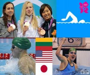 Puzle Plavání 100 m pódium styl žen prsa, Rūta Meilutytė (Litva), Rebecca Soni (Spojené státy) a Satomi Suzuki (Japonsko) - London 2012-