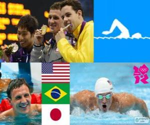Puzle Plavání 400 m individuální medley mužů na pódiu, Ryan Lochte (Spojené státy), Thiago Pereira (Brazílie) a Kosuke Hagino (Japonsko) - London 2012-