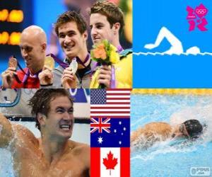Puzle Plavání muži 100 m freestyle pódium, Nathan Adrian (Spojené státy), James Magnussenová (Austrálie) a Brent Hayden (Kanada) - London 2012-