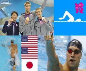 Puzle Plavání muži 100 m odpočinuli pódium, Matt Grevers, Nick Thoman (Spojené státy) a pověste Ryosuke (Japonsko) - London 2012-