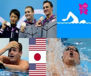 Puzle Plavání muži 200 m odpočinuli pódium, Tyler Clary (Spojené státy), pověste Ryosuke (Japonsko) a Ryan Lochte (Spojené státy) - London 2012-