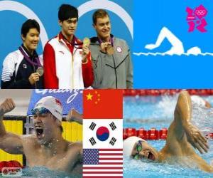 Puzle Plavání mužů na 400 m freestyle pódium, Sun Jang (Čína), Park Tae-Hwan (Jižní Korea) a Peter Vanderkaay (Spojené státy) - London 2012-