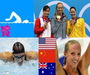 Puzle Plavání ženy 100 m butterfly pódium, Vollmere Dana (Spojené státy), Jing Lu (Čína) a Alice Couttsové (Austrálie) - London 2012-