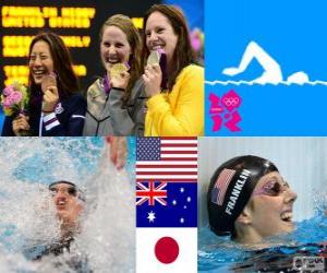 Puzle Plavání ženy 100 metru No pódium, Missy Franklin (Spojené státy), Emily Seebohm (Austrálie) a Aya Terakawa (Japonsko) - London 2012-