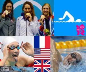 Puzle Plavání ženy 400 m freestyle pódium, Camille Muffat (Francie), Allison Schmitt (Spojené státy) a Rebecca Adlington (Velká Británie) - London 2012 -