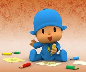 Puzle Pocoyo sedí na podlaze a dělat kreslení na list papíru