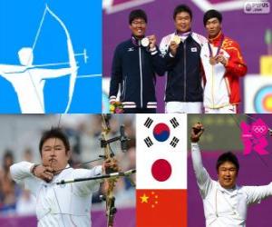 Puzle Podium der Herren Bogenschießen Individuum, Oh Jin-Hyek (Südkorea), Takaharu Furukawa (Japan) und Komponist Dai (China) - London 2012-