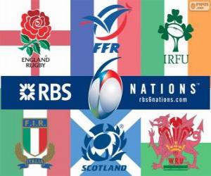 Puzle Pohár šesti národů rugby s účastníky: Francie, Skotsko, Anglie, Wales, Irsko a Itálie