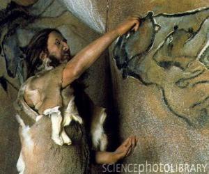 Puzle Prehistorické umělec si uvědomil, jeskynní malba představující buvola ve stěně jeskyně, zatímco je sledován dinosaurus z venku