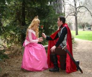 Puzle Prince klečící před princezna dává růže
