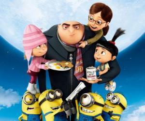 Puzle Protagonisté filmu Gru, můj oblíbený darebák. Supervillain Gru a přisluhovači a Margo, Edith a Agnes, tři osiřelé dívky