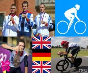 Puzle Pánské silniční čas zkušební cyklistické pódium, Bradley Wiggins (Velká Británie), Tony Martin (Německo) a Christopher Froome (Velká Británie) - London 2012-