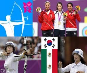 Puzle Pódium a Lukostřelba jednotlivých žen, Ki Bo-Bae (Jižní Korea), Aida Román a Mariánské Avitia (Mexiko) - London 2012-