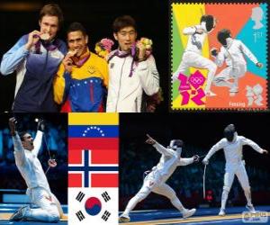 Puzle Pódium a oplocení muži individuální meč, Rubén Limardo Gascónová (Venezuela), Bartosz Piaseckého (Norsko) a Jang Jin-Sun (Jižní Korea) - London 2012 -