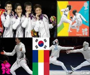 Puzle Pódium a oplocení pánské team sabre, Korea Jižní, Rumunska, Itálie - London 2012-