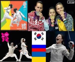 Puzle Pódium a oplocení ženy individuální Sabre, Kim Ji-Yeon (Jižní Korea), Sofie Velikaya (Rusko) a Olga Jarlan (Ukrajina) - London 2012-