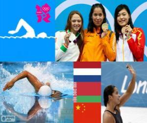 Puzle Pódium a plavání 100 metrů žen freestyle, Ranomi Kromowidjojo (Nizozemsko), Aliaxandra Herasimenia (Bělorusko) a Tang Yi (Čína) - London 2012-