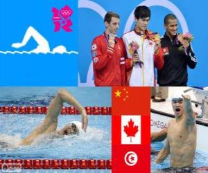 Puzle Pódium a plavání 1500 metrů mužů na freestyle, Sun Jang (Čína), Ryan Cochrane (Kanada) a Usáma Mellouli (Tunisko) - London 2012-