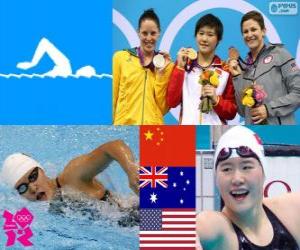 Puzle Pódium a plavání 200 m jednotlivých žen dohromady, Shiwen Ye (Čína), Alice Couttsové (Austrálie) a Caitlin Leverenz (Spojené státy) - London 2012-