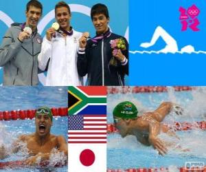 Puzle Pódium a plavání 200 m motýlek muži, Chad le Clos (Jižní Afrika), Michael Phelps (USA) a Takeshi Matsuda (Japonsko) - London 2012-