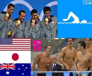 Puzle Pódium a plavání 4 × 100 m medley štafeta, Spojené státy, Japonsko a Austrálie - London 2012 - pánské