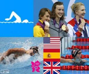 Puzle Pódium a plavání 800 m styl bez žen, Katie Ledecky (Spojené státy), Mireia Belmonte (Španělsko) a Rebecca Adlington (Velká Británie) - London 2012-