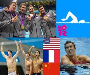 Puzle Pódium a plavání freestyle, Spojené státy, Francie a Čína - London 2012 - štafety 4 x 200 m muži