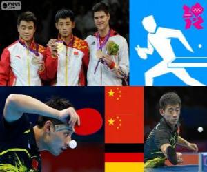 Puzle Pódium a stolní tenis muži jednotlivce, Zhang Jike, Wang Hao (Čína) a Dimitrij Ovtcharov (Německo) - London 2012-