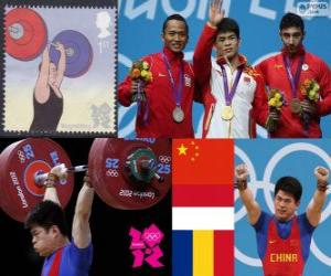 Puzle Pódium a vzpírání muži 69 kg, Lin Qingfeng (Čína), Triyatno Triyatno (Indonésie) a Constantin Martin (Rumunsko) - London 2012 -