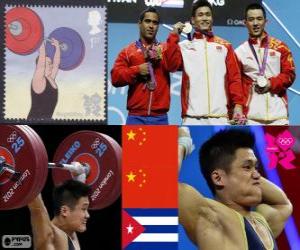 Puzle Pódium a vzpírání muži 77 kg, Lu Xiaojun, Wu Jingbao (Čína) a změnit Iván Rodríguez (Kuba) - London 2012 -