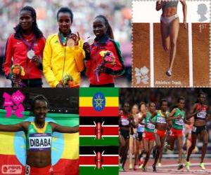 Puzle Pódium atletika 10.000 žen m, Tiruneš Dibabaová (Etiopie), Sally Kipyego a Vivian Cheruiyot (Keňa) - London 2012-