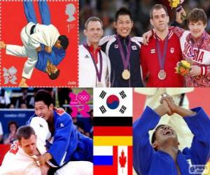Puzle Pódium mužů Judo - 81 kg, Kim Jae-žebrák (Jižní Korea), Ole Bischof (Německo) a Ivan Nifontov (Rusko), Antoine Valois-Fortierová (Kanada) - London 2012-