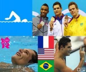 Puzle Pódium plavání muži 50 metrů volným způsobem, Florent Manaudou (Francie), Cullene Jones (Spojené státy) a César Cielo (Brazílie) - London 2012-