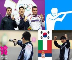 Puzle Pódium střelba, muži 10 m air pistol, Jin Jingoh (Jižní Korea), Luca Tesconi (Itálie) a Andrija Zlatić (Srbsko)