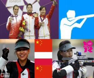 Puzle Pódium, střelba, vzduchová puška 10 m žen, Yi Siling (Čína), snadné Bogacka (Polsko) a ju Dan (Čína)