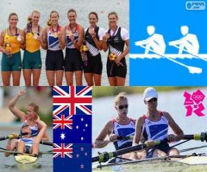 Puzle Pódium veslování coxless dvojice žen, Helen Glover, Heather Stanning (Velká Británie), Kate Hornsey, Sarah Tait (Austrálie) a Juliette Haigh, Rebecca Scown (Nový Zéland) - London 2012 -