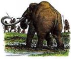 Skupina pravěkých mužů vyzbrojených oštěpy v lovu mamutů