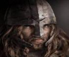 Viking tvář s knírkem a bradkou, a helma