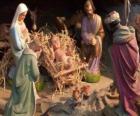 Svatá rodina ve stáji s vola a mezek, pastýř s ovcí a král dává své dary k Ježíši
