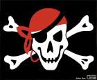 Jolly Roger pirátské vlajka s lebkou a zkříženými hnáty a červený kapesník
