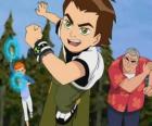 Ben 10 s cizinci Omnitrix hodinky na zápěstí vedle svého bratrance Gwen a jejich dědeček Max