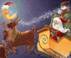 Vánoční saních tažených soby a magické naložené dárky, Santa Claus a elf