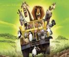 Alex lev jízdy džípem se svými přáteli Gloria, Melman, Marty a dalších protagonistů dobrodružství