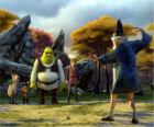 Shrek, zlobr se svými přáteli osel, Kocour v botách a Arthur, Merlin pozoroval