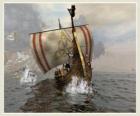 Vikingské lodi nebo longship plout oteklé větrem