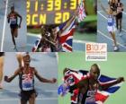 Mo Farah 10000 metrů šampion, Chris Thompson a Daniele Meucci (2. a 3.) z Mistrovství Evropy v atletice Barcelona 2010