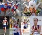 Olga Kaniskina 20 km chůze šampion, Anisia Kirdiapkina a Vera Sokolova (2. a 3.) z Mistrovství Evropy v atletice Barcelona 2010